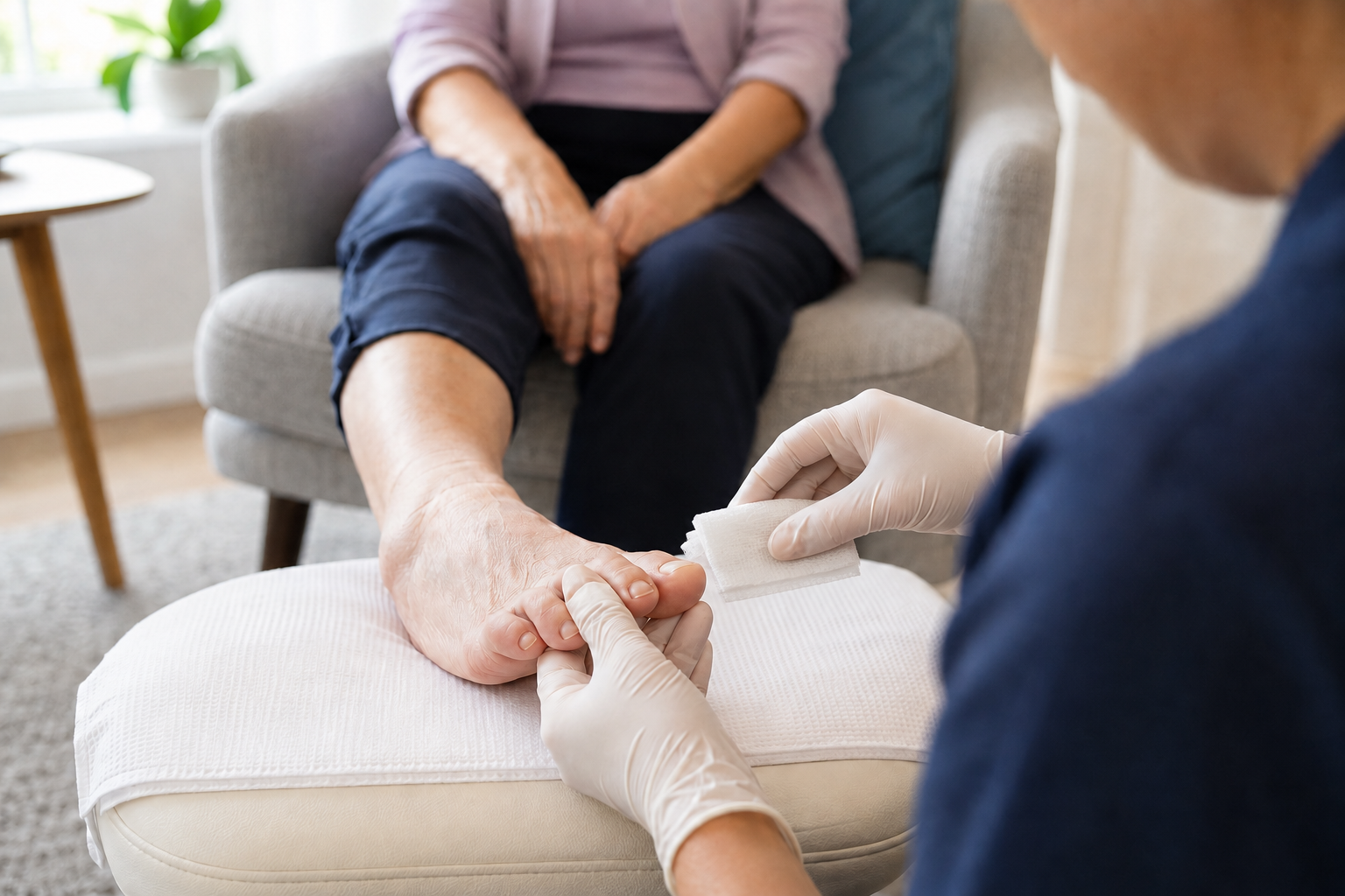 Infirmière placée face au patient pendant un soin réalisé avec une compresse propre